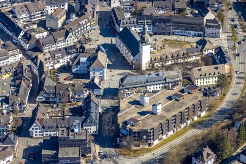 Aerial view, Stiftsplatz and St. Walburga Catholic Church, Stiftscenter car park, Meschede town,