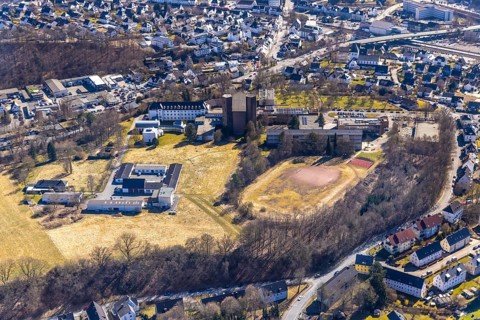 Aerial view, Abbey Königsmünster monastery with Benedictine grammar school, Meschede town,