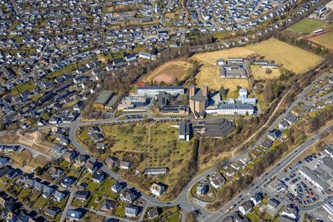 Aerial view, Abbey Königsmünster monastery with Benedictine grammar school, Meschede town,