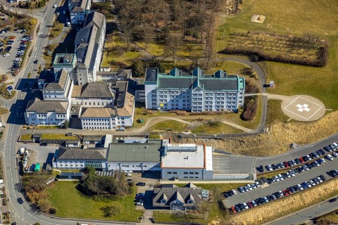 Aerial view, St. Walburga Hospital with helipad, Meschede town, Meschede, Sauerland, North