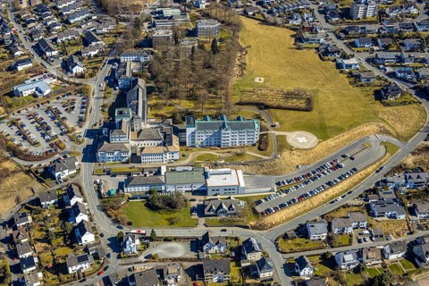 Aerial view, St. Walburga Hospital with helipad, Meschede town, Meschede, Sauerland, North