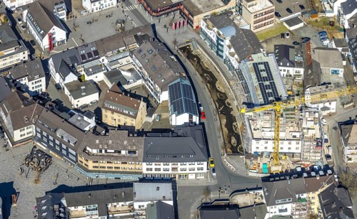 Aerial view, construction site with construction crane at Winziger Platz corner Zeughausstraße and