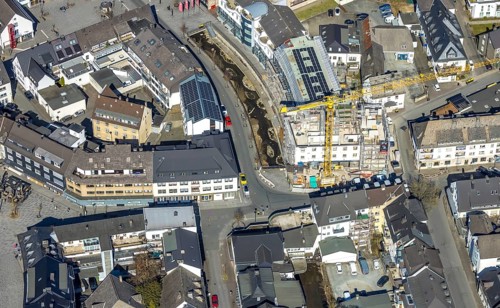 Aerial view, construction site with construction crane at Winziger Platz corner Zeughausstraße and