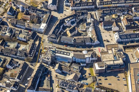 Aerial view, construction site with construction crane at Winziger Platz corner Zeughausstraße and