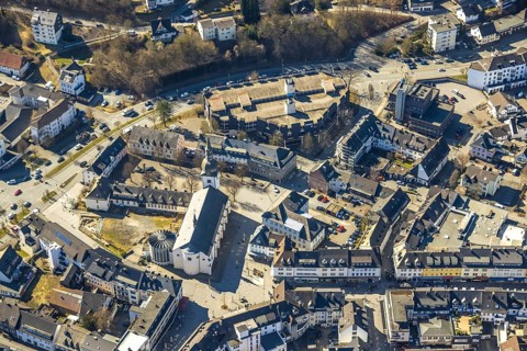 Aerial view, Stiftsplatz and St. Walburga Catholic Church, Stiftscenter car park, Meschede town,