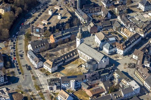 Aerial view, Stiftsplatz and St. Walburga Catholic Church, Stiftscenter car park, Meschede town,