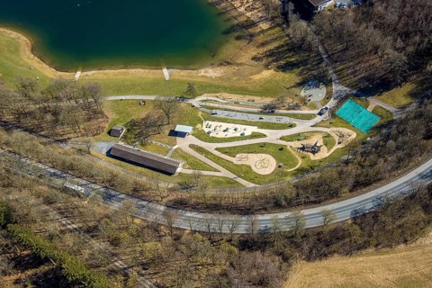 Aerial view, adventure playground Pirate Bay at the Hennesee, kiosk and snack bar Meating am See,