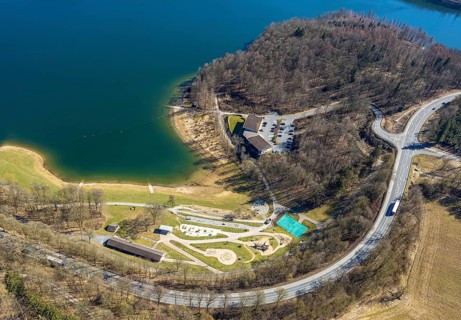Aerial view, adventure playground Pirate Bay at the Hennesee, kiosk and snack bar Meating am See,