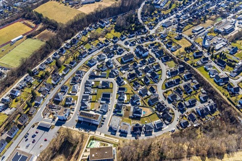 Aerial view, new development residential area local view Am Ziegeleiteich, Waldstraße, new