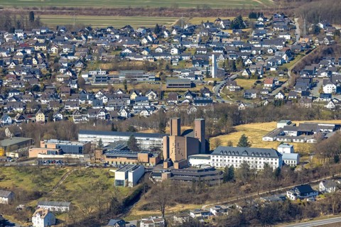 Aerial view, Abbey Königsmünster monastery with Benedictine grammar school, Meschede town,