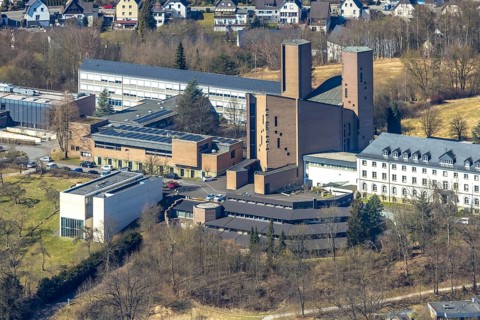 Aerial view, Abbey Königsmünster monastery with Benedictine grammar school, Meschede town,