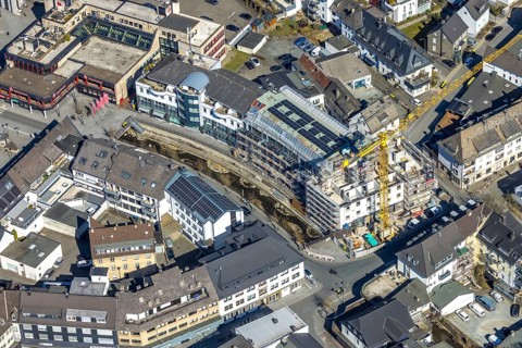 Aerial view, construction site with construction crane at Winziger Platz corner Zeughausstraße and