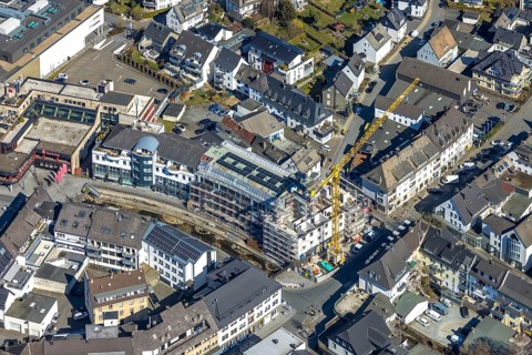 Aerial view, construction site with construction crane at Winziger Platz corner Zeughausstraße,