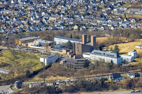 Aerial view, Abbey Königsmünster monastery with Benedictine grammar school, Meschede town,