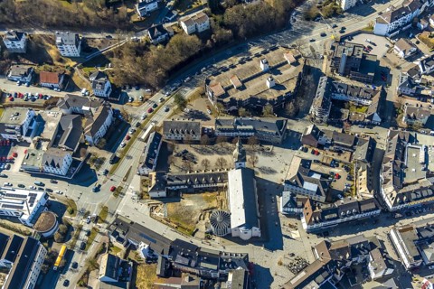 Aerial view, Stiftsplatz and St. Walburga Catholic Church, Stiftscenter car park, Meschede town,