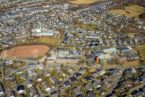 Aerial view, construction site with new building, secondary school of the city of Meschede,