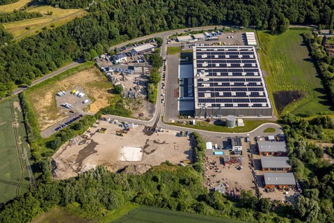 Aerial view, new logistics halls in the Herrenthey industrial estate, roof with solar panels,