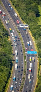 Aerial view, traffic jam on the A2 motorway at the Dortmund-Nordwest junction Dortmund-Mengede,