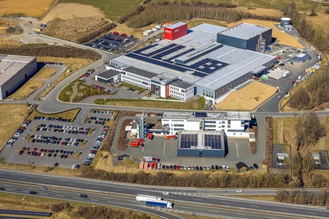 Aerial view, Enste industrial estate with citizen solar park on the A46 motorway, ITH