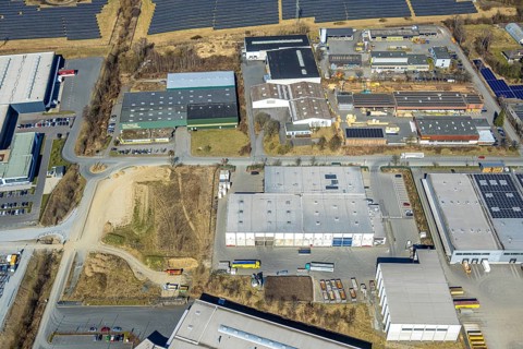 Aerial view, commercial area Enste with citizen solar park at the motorway A46, Enste, Meschede,