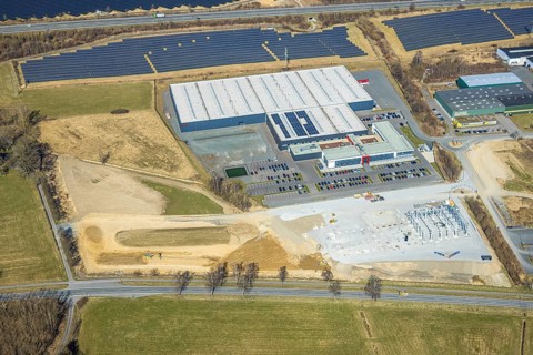 Aerial view, commercial area Enste with citizen solar park at the motorway A46, Enste, Meschede,