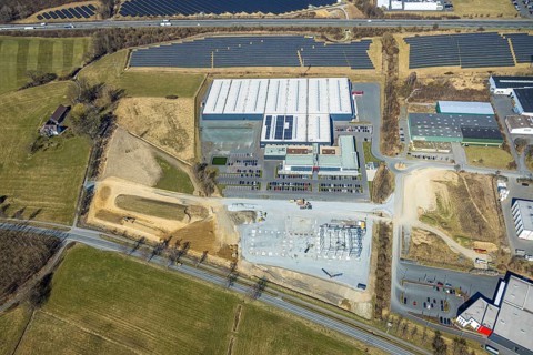 Aerial view, commercial area Enste with citizen solar park at the motorway A46, Enste, Meschede,