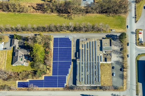 Aerial view, commercial area Enste with citizen solar park at the motorway A46, Enste, Meschede,