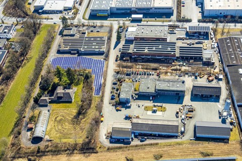 Aerial view, commercial area Enste with citizen solar park at the motorway A46, Enste, Meschede,
