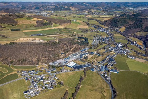 Aerial view, residential area local view district Bergerhütte with commercial area Auf dem