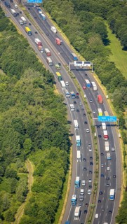 Aerial view, traffic jam on the A2 motorway at the Dortmund-Nordwest junction Dortmund-Mengede,