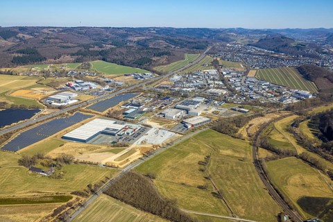 Aerial view, commercial area Enste with citizen solar park at the motorway A46, Enste, Meschede,
