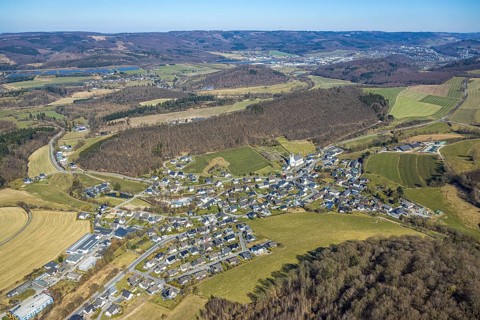 Aerial view, residential area local view district Calle, church St. Severin and cemetery, wooded