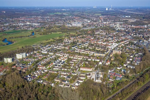 Aerial view, residential area, local view of Geistviertel an den Lippewiesen, Lünen, Ruhr area,