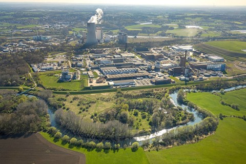 Aerial view, river Lippe meander with onion field landscape conservation area, Remondis Lippewerk