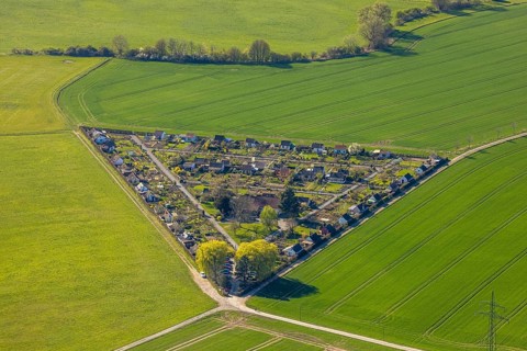Aerial view, triangular allotment garden association Grüne Insel, Alstedde, Lünen, Ruhr area, North