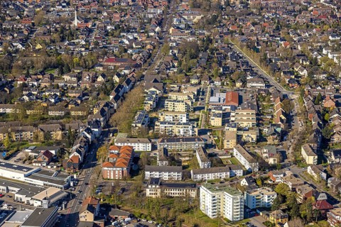 Aerial view, residential area apartment buildings on Cappenberger Straße, Lünen, Ruhr area, North