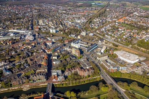 Aerial view, residential area local view at Merschstraße with ZOB Lünen bus stop and Kaufland