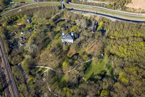 Aerial view, Schwansbell Castle with two towers, former knight's seat of the Lords of Schwansbell,