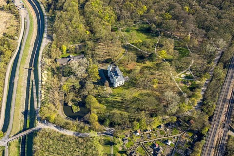 Aerial view, Schwansbell Castle with two towers, former knight's seat of the Lords of Schwansbell,