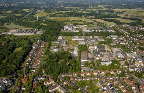 Aerial view, commercial area Minister Achenbach I/II Zechenstraße, terraced house settlement