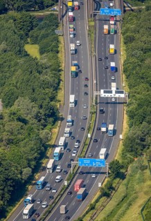 Aerial view, traffic jam on the A2 motorway at the Dortmund-Nordwest junction Dortmund-Mengede,
