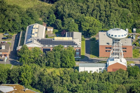 Aerial view, winding tower sculpture Colani UFO, also Colani Egg in the Lüntec start-up centre, on
