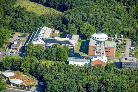 Aerial view, winding tower sculpture Colani UFO, also Colani Egg in the Lüntec start-up centre, on