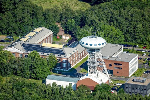 Aerial view, winding tower sculpture Colani UFO, also Colani Egg in the Lüntec start-up centre, on