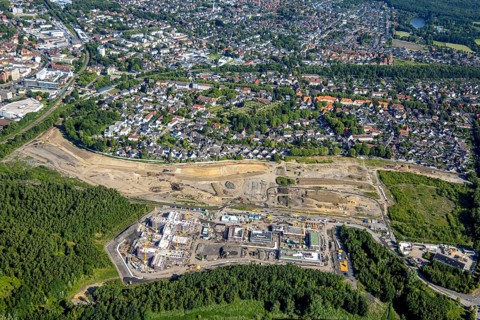 Aerial view, Landschaftspark Viktoria, construction site and new building for planned IGA 2027 and