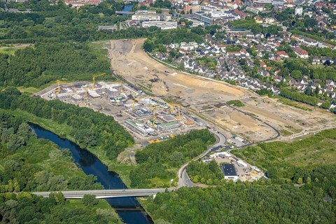 Aerial view, Landschaftspark Viktoria, construction site and new building for planned IGA 2027 and