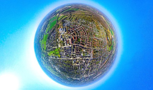 Aerial photo, residential area, view of old Lünen, globe, fisheye shot, 360 degree shot, tiny