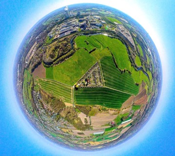 Aerial view, river Lippeauen West with triangular KGV Grüne Insel allotment garden association,