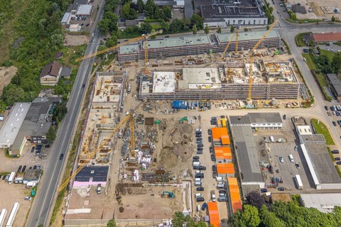Aerial view, construction site with new building in the commercial area Am Trimbuschhof, Sodingen,