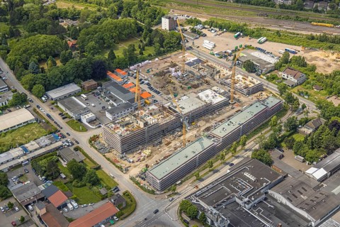 Aerial view, construction site with new building in the commercial area Am Trimbuschhof, Sodingen,